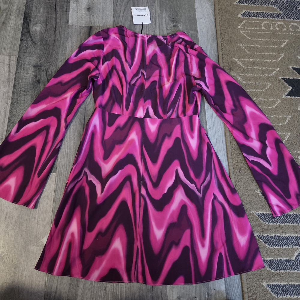 Glamorous Pink Purple Wave Print Mini Dress Y2K Psychedelic V-Neck Long Sleeve - Picture 4 of 8